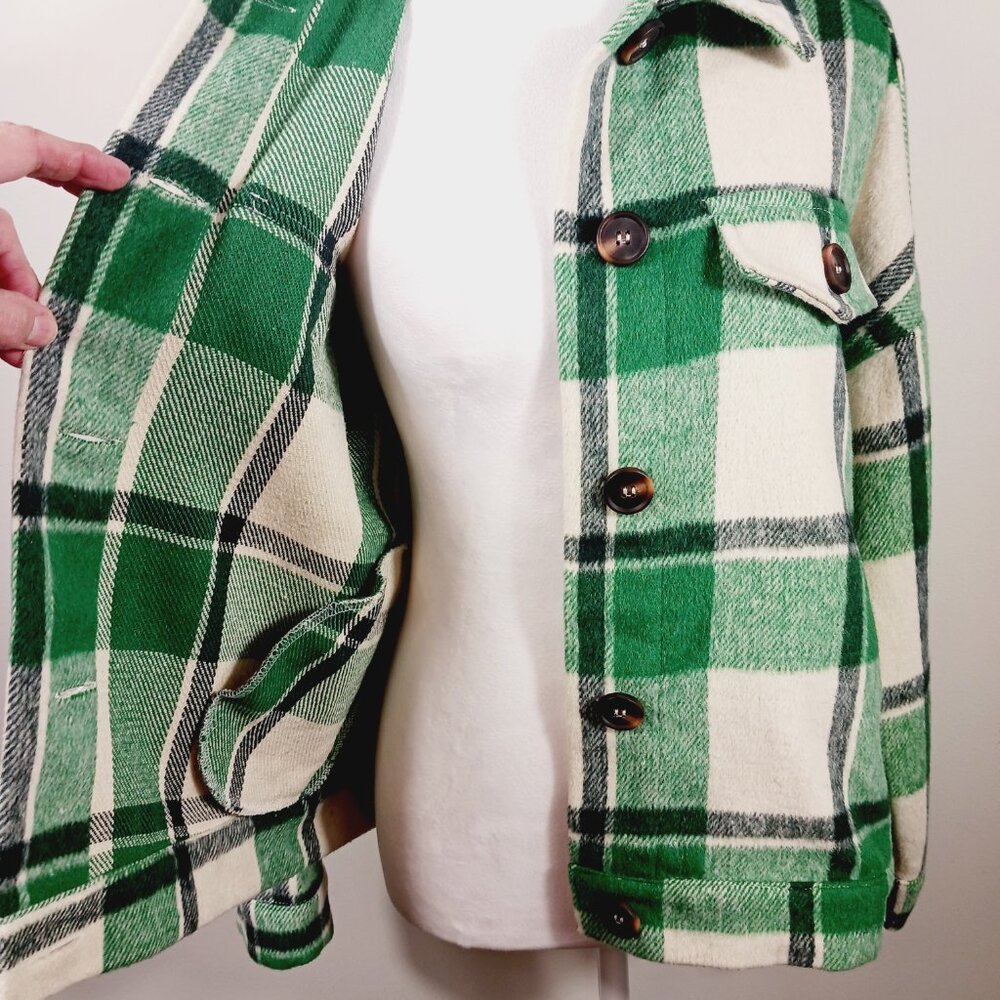 STACCATO Green & Cream Plaid Shacket, Relaxed Fit, Button Up, Jacket, Size Small - Picture 5 of 16